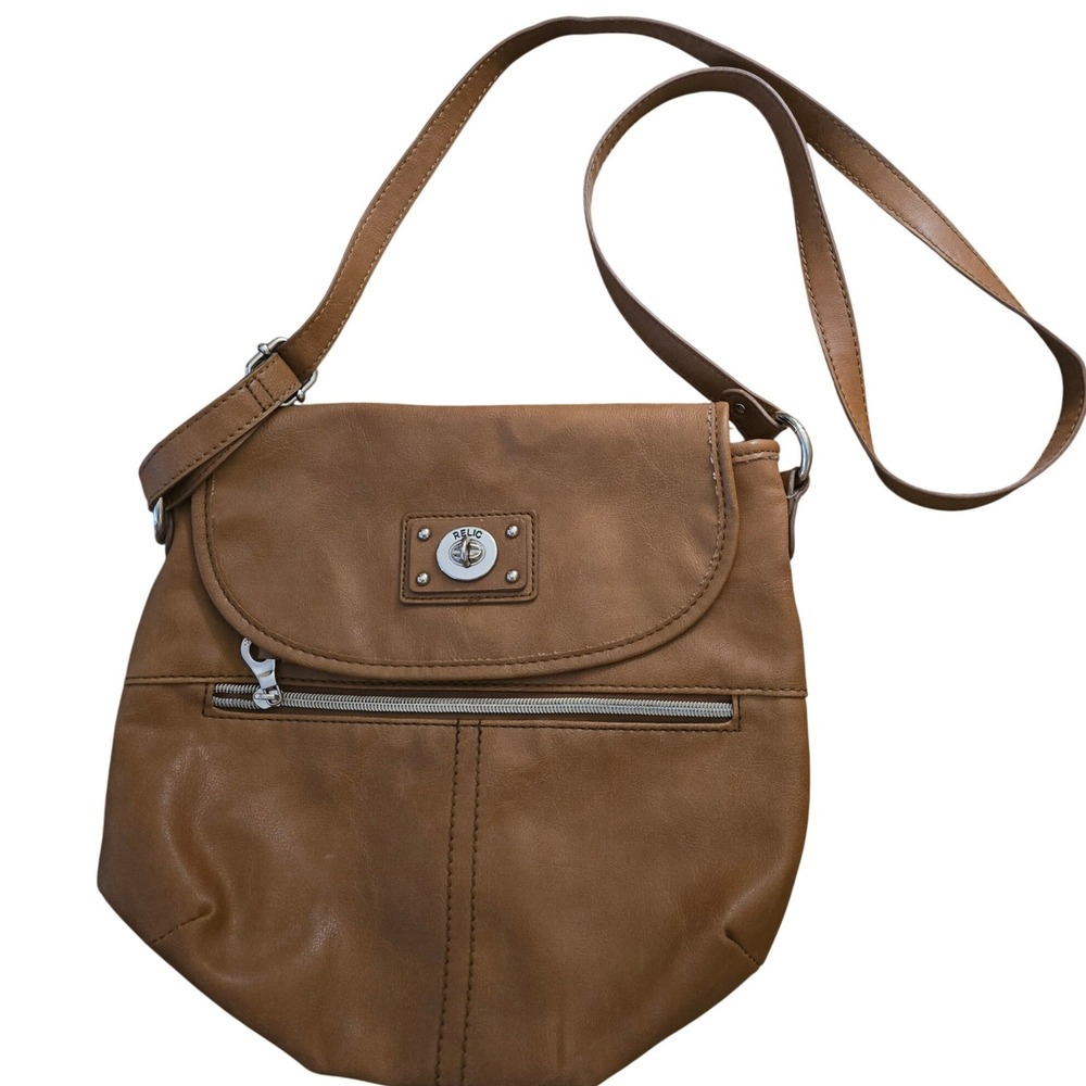Vintage Y2K Fossil Relic Tan Faux Leather Crossbody Bag‎ Zip Pocket